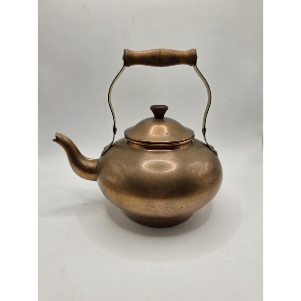 Vintage Copper Tea Pot Kettle Wood Brass Handle Farmhouse Cottagecore